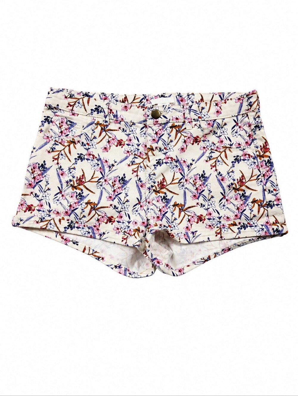 H&M Floral Denim Shorts Women's US 8 White Pink Stretch Low Rise Cuffed